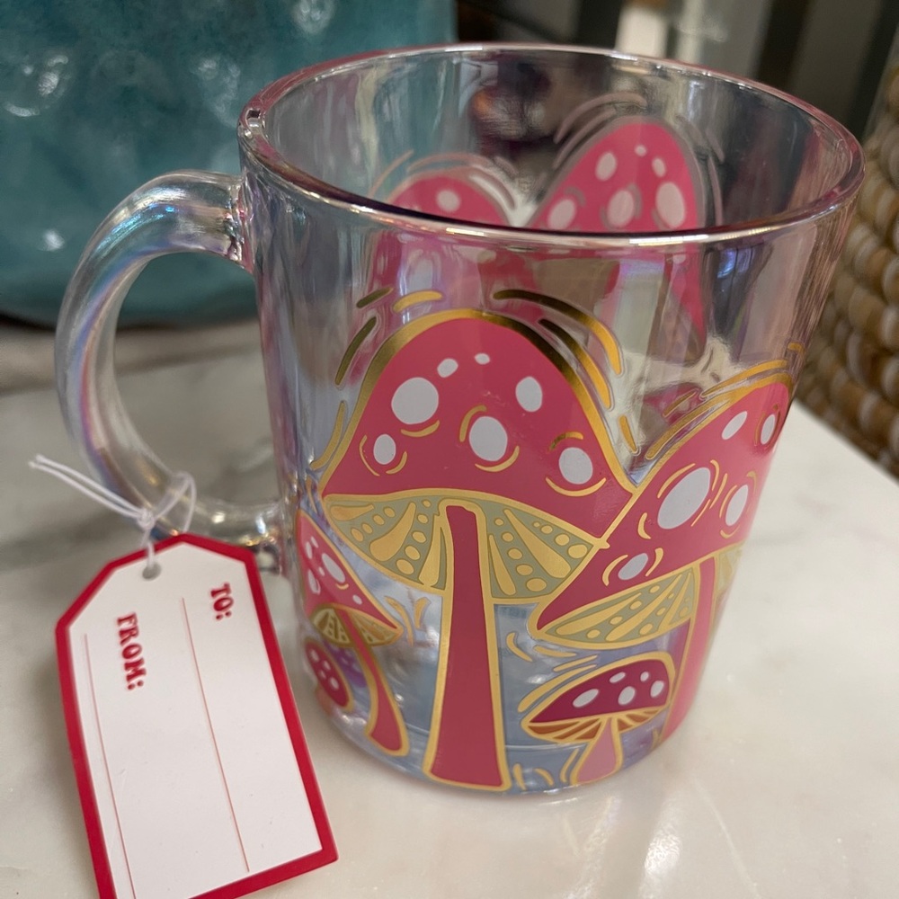 Pink Mushrooms with Metallic Gold Sheffield Home Glass Coffee Tea mug NWT